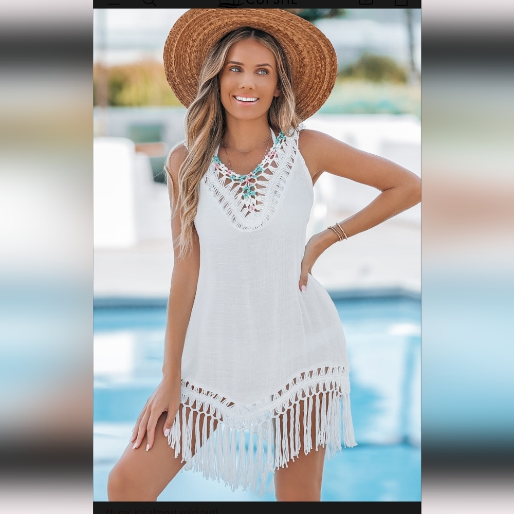 NWT Cupshe White sleeveless pom pom and fringe mini cover up